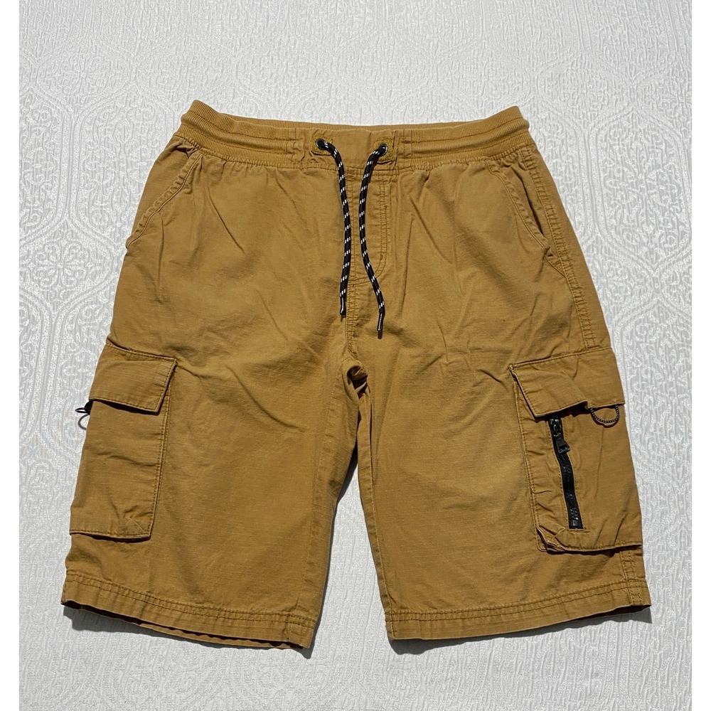 WT02 Mens Cargo Shorts Medium Brown Elastic Waist Drawstring Utility